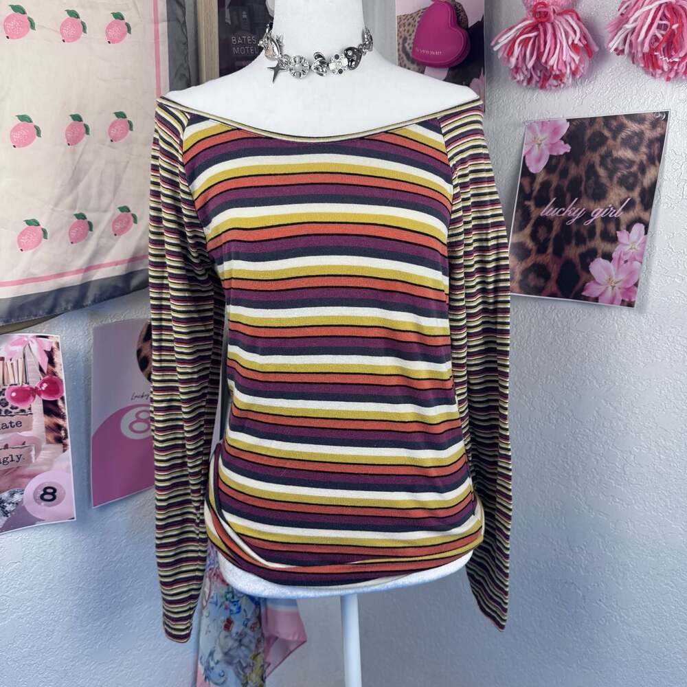 Poof New York Striped Off-The-Shoulder Long Sleeve Top Size Small